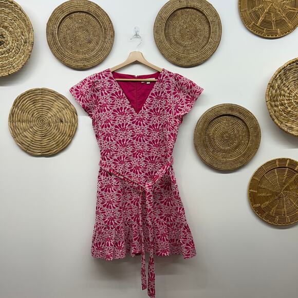 LOFT Pink White Short Mini Dress 12 Belted Removable Belt Embroidered V-Neck - Picture 2 of 7